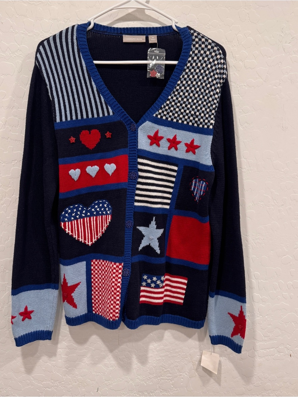 NWT Nordstrom Patriotic Cardigan Sweater Women Medium Ramie Cotton Knit 4th July